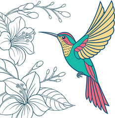 Obraz premium Vibrant hummingbird in flight with delicate floral accents and isolated on transparent background