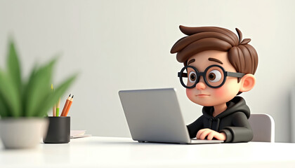 3D cartoon boy with glasses works on laptop at desk. Cute child studies online with computer and potted plant nearby. Boy uses tech for school.