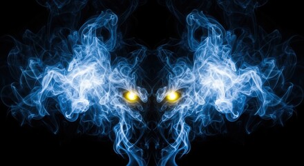 Ethereal blue smoke creature with glowing yellow eyes in darkness abstract fantasy art