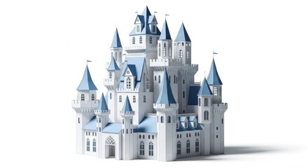 Obraz premium White Fantasy Castle with Blue Roofs and Multiple Towers on Bright Background