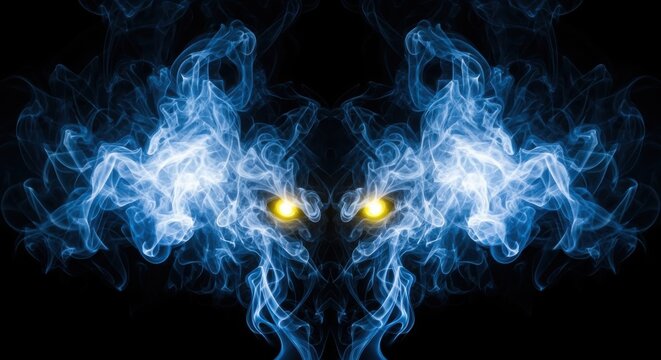 Ethereal blue smoke creature with glowing yellow eyes in darkness abstract fantasy art - Powered by Adobe