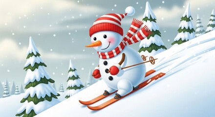 Naklejka premium Cheerful cartoon snowman wearing a striped hat and scarf skiing down a snowy hill