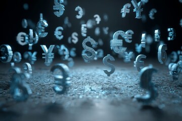 A digitally rendered abstract view of floating currency symbols on a textured background creating the essence of the modern digital economy era.