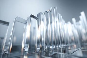 Abstract transparent bars rising on a reflective grid, representing data visualization and growth, showing a clean, modern aesthetic, a graph-like structure.