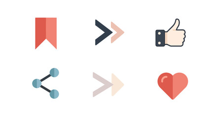 A modern flat vector icon pack for social media apps and website user interfaces, featuring symbols for liking, sharing, and saving content