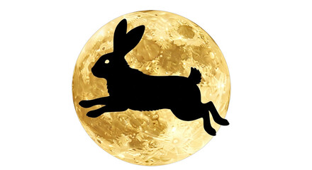 A silhouette of a rabbit leaping across the full moon against a black background