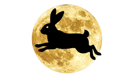 A silhouette of a rabbit leaping across the full moon against a black background