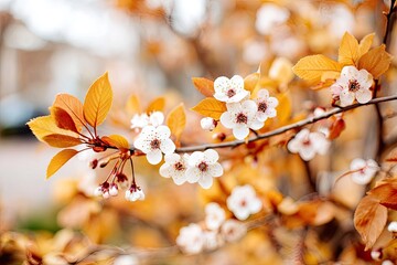 Branch with small white flowers and golden-yellow leaves in soft focus