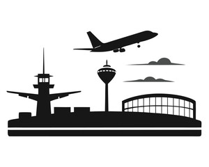 Airplane landing at airport silhouette on a white background