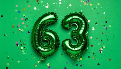 Green balloon number 63 with confetti on solid colored background. Photo for anniversary or birthday party