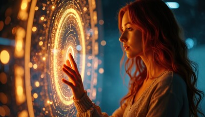 Young woman touches glowing digital screen. Interacts with future tech interface, exploring data, connecting to virtual reality metaverse. Golden light creates magic, showing innovation, AI, digital