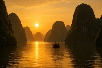 Ha Long Bay Sunset in Northern Vietnam. Golden Sunset over Limestone Islands. AI Generative.