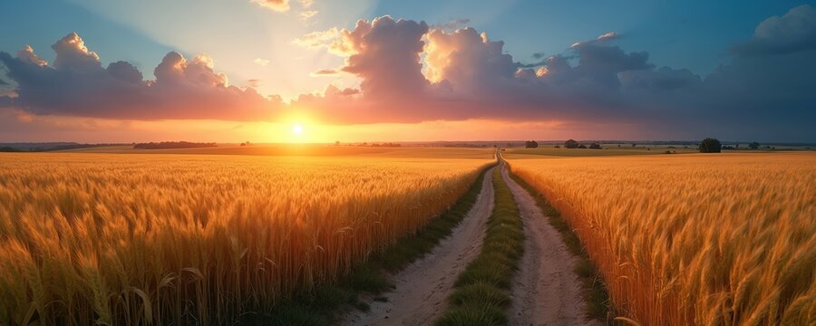 Wheat field at sunset with dirt road, green grass. Golden wheat sways in breeze. Cloudy sky with sun rays shining through. Peaceful summer landscape with farmland, trees in distance. Countryside - Powered by Adobe