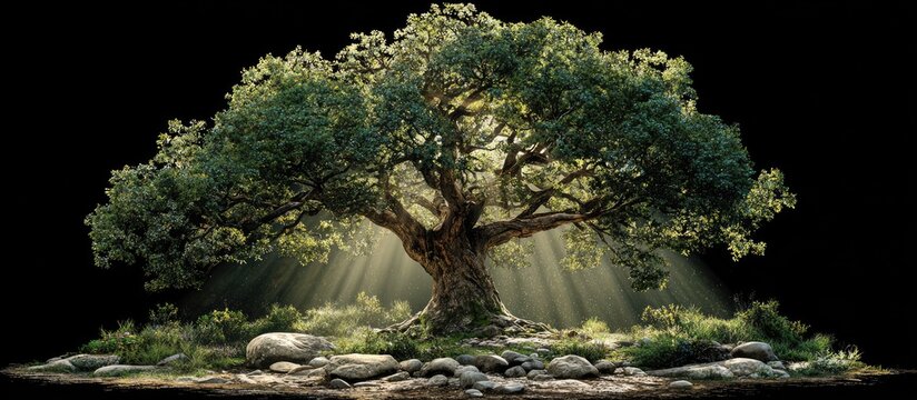 Large green tree backlit with sunlight