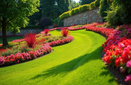 Scenic view of flower garden with vibrant colors. Red and pink flowers on green grass slope. Stone wall behind flowerbeds, rich foliage, trimmed lawn. Nice eco park landscape design.