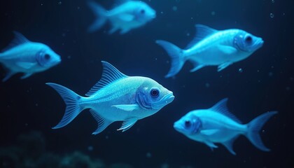 Naklejka premium Several glowing fish swim in dark ocean. Marine creatures create a stunning underwater light show. Fish glow in water. Aquatic life shines in deep blue.