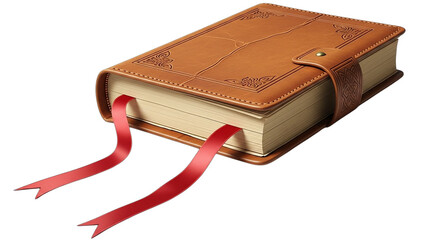 Antique Leather Book with Red Ribbon Bookmarks on a Black Background Detailed Illustration