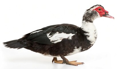 Realistic Muscovy Duck with glossy black and white plumage and red facial caruncles, isolated on a clean white studio background, detailed duck portrait, sharp focus, professional lighting