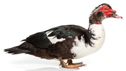 Realistic Muscovy Duck with glossy black and white plumage and red facial caruncles, isolated on a clean white studio background, detailed duck portrait, sharp focus, professional lighting