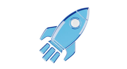 Blue glass rocket ship taking off representing startups innovation and technological advancement on black background