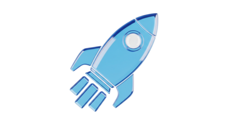Blue glass rocket ship taking off representing startups innovation and technological advancement on black background