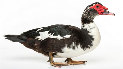 Realistic Muscovy Duck with glossy black and white plumage and red facial caruncles, isolated on a clean white studio background, detailed duck portrait, sharp focus, professional lighting