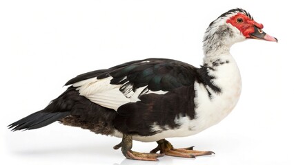 Realistic Muscovy Duck with glossy black and white plumage and red facial caruncles, isolated on a clean white studio background, detailed duck portrait, sharp focus, professional lighting