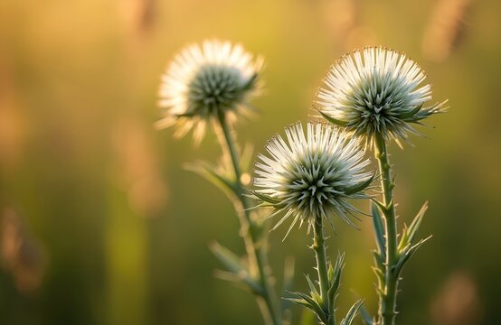 Rattlesnake Master plants bloom with spiky white heads, attracting native bees. Their green leaves grow tall in a sunny meadow. Wildflower in nature.