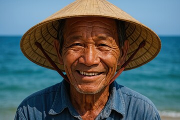 Smiling Elderly Vietnamese Man in Traditional Non La Hat. AI Generative.