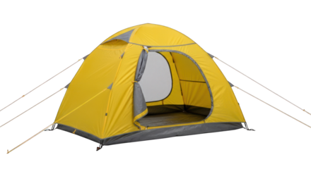Yellow camping tent with open doorway, against a black backdrop