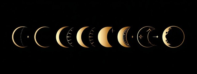 Vector set of moon phases, vector logo with text "moonability", simple design, flat design, vector graphics, gold and black color palette, moon, sun rays, vector elements, dark background.