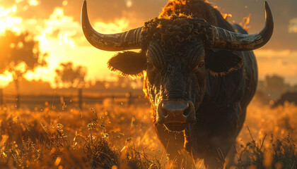 Majestic Golden Bull at Sunset on a Countryside Farm