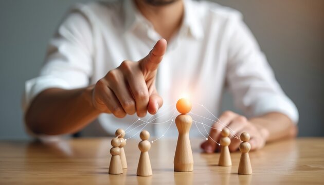 Businessman points at glowing leader pawn connected to small employee figures. Identifies key personnel for leadership role. Visualizes human resources, talent acquisition, team management, business