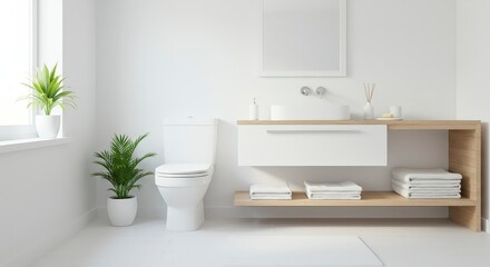 Fototapeta premium Modern bathroom interior with white walls plants and wooden vanity