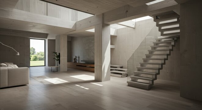 Modern interior architecture open space with stairs sunlight and contemporary design - Powered by Adobe