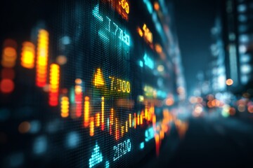 A digital stock market display board with glowing data, reflecting a modern finance landscape with stock market information with dynamic indicators and trading charts.