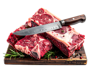 Premium Raw Beef Steaks (T-Bone/Porterhouse) with Knife, Rosemary, and Spices on Wooden Board