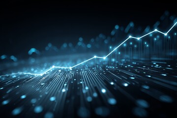 Abstract blue line graph representing growth, success and data analysis on dark background, futuristic technology financial chart diagram showing upward trend.