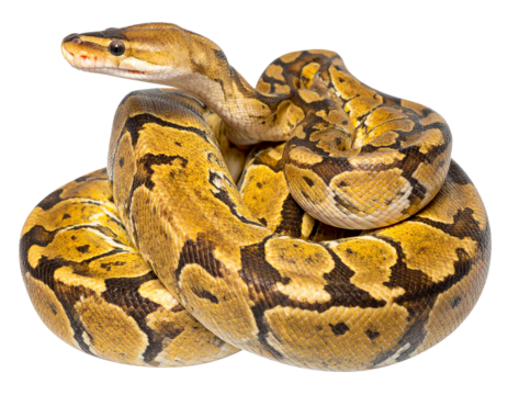 Coiled Yellow Belly Ball Python Snake on White Background