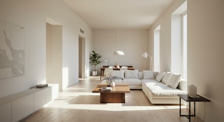 Modern living room interior design with sofa and sunlight through windows
