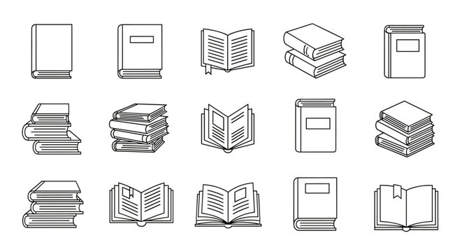 Collection of line art illustrations representing various books and reading materials for educational or literary purposes.