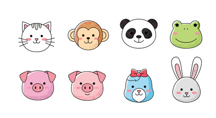 A collection of eight cute cartoon animal faces including a cat a monkey a panda a frog two pigs a bear and a rabbit.