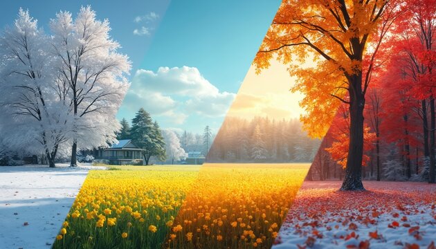 collage shows snow covered winter trees, a house. Bright spring yellow flower field. Lush green summer forest, vibrant autumn red orange leaves. Nature cycle changes through year time.