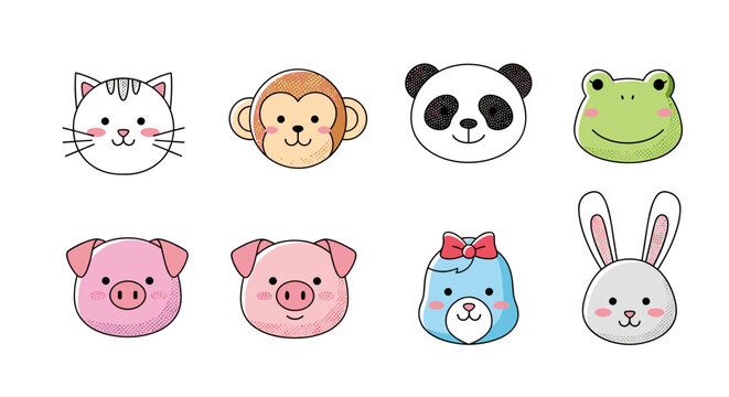 A collection of eight cute cartoon animal faces including a cat a monkey a panda a frog two pigs a bear and a rabbit.