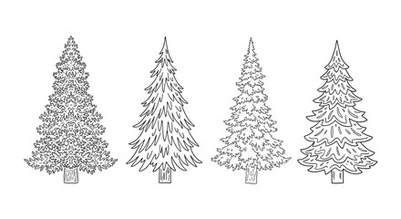 Obraz premium A charming collection of four hand-drawn coniferous trees each with a distinct bushy appearance and a sturdy trunk.