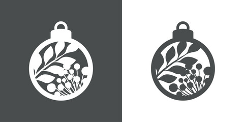 Tiempo de Navidad. Logo con silueta de bola de navidad con ramas con hojas y bayas de muérdago o acebo para tarjetas y felicitaciones