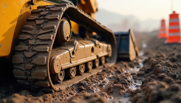 Yellow skid steer loader track moves through muddy terrain at dawn. Construction site activity with orange traffic cones visible in the background. Heavy machinery works on earth.
