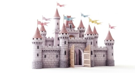 Obraz premium Pink Stone Castle Toy with Flags and Open Gate on White Background