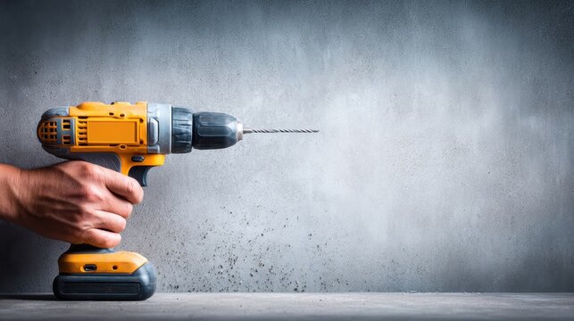 Hand Holding Electric Drill Against Textured Wall for Home Improvement and Construction Projects