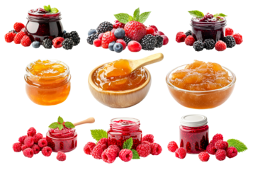 Fresh raspberries and a jar of berry and raspberry jam with green leaves isolated on white transparent background